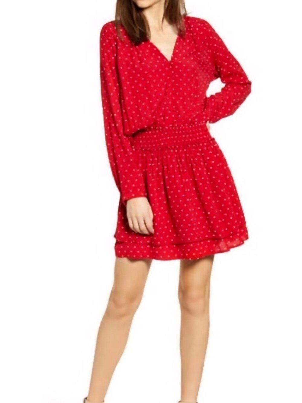 Rails Jasmine Scarlett White Mini Dots Dress V-neck Smocked size medium